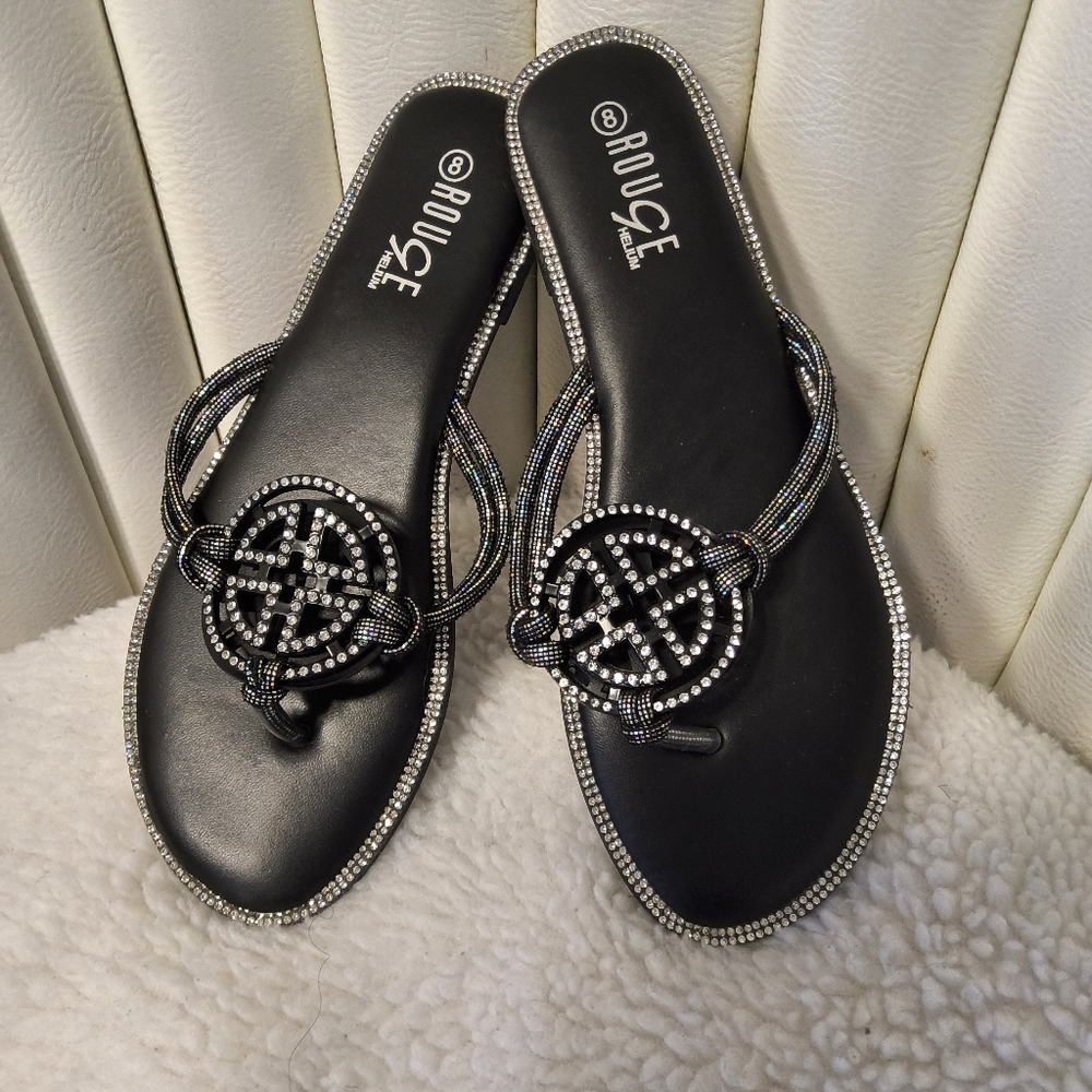 Women's Black Sandals with Rhinestone Detailing Size 8